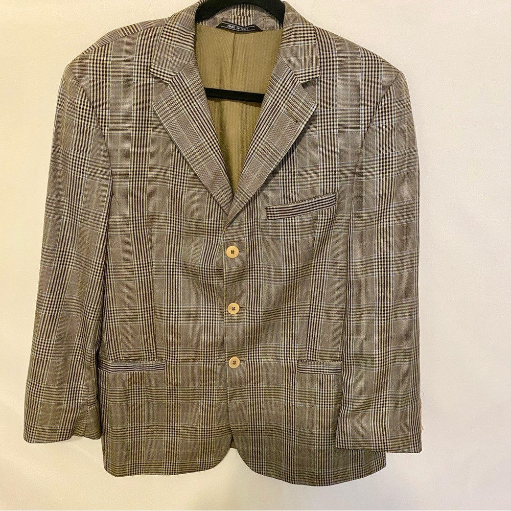 Zanetti Men’s Blazer Jacket Italian Wool Silk Tan Blue Black Glen Plaid Size 50